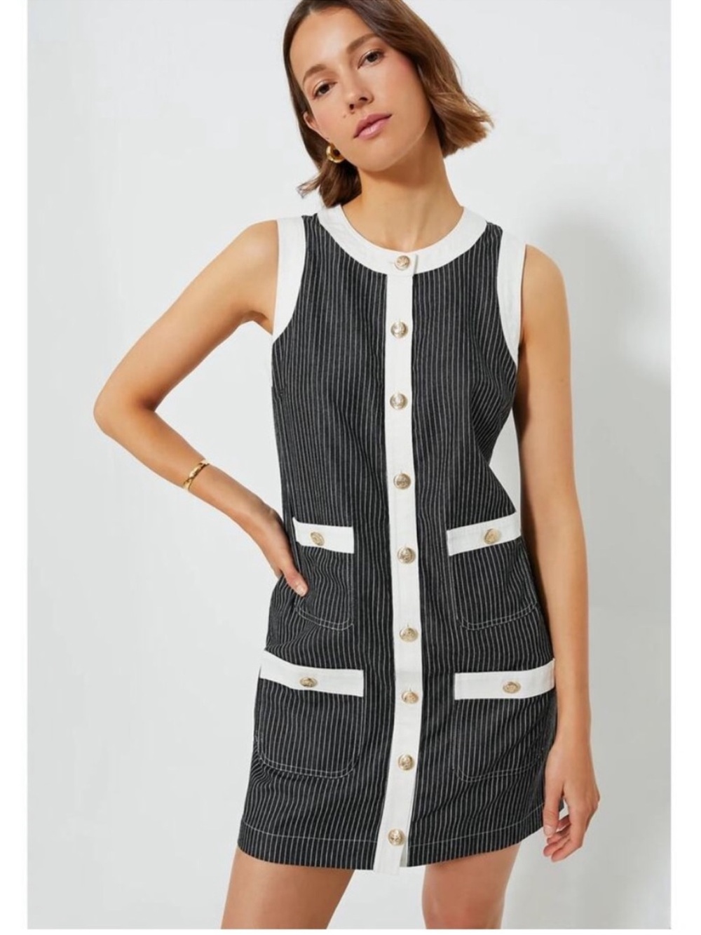 Pomander Place Black Pinstripe Sleeveless Shift Dress with White Trim